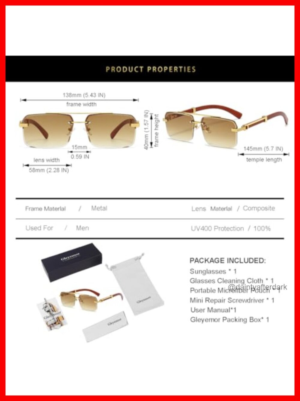 Rimless Rectangle Sunglasses Square Frameless with UV400 Protection - Picture 5 of 6